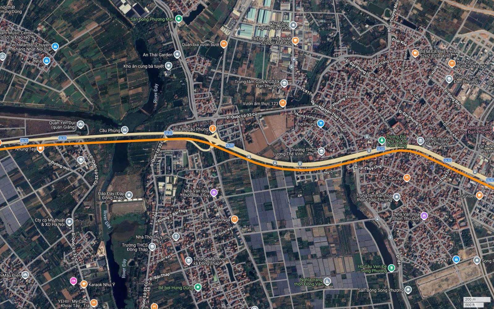 Hành lang metro số 3 Hà Nội vượt sông Đáy tại cầu Phùng rồi uốn chữ S mềm để né lõi phố thị trấn Phùng