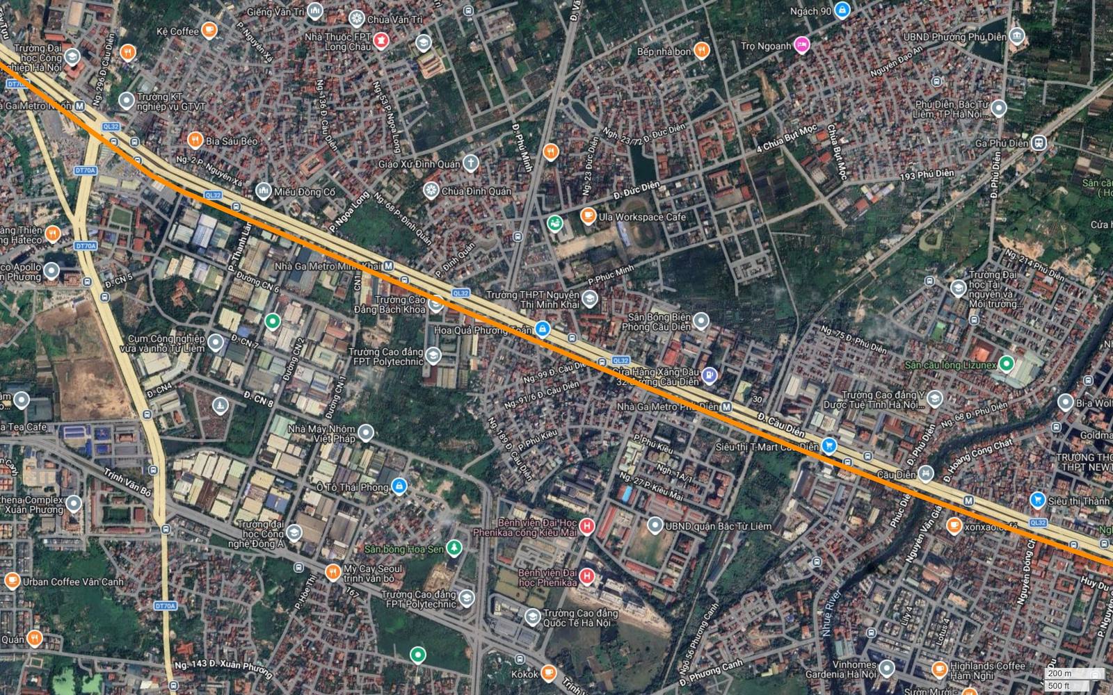 Hành lang metro số 3 Hà Nội vượt sông Nhuệ tại Cầu Diễn, đi giữa cụm trường cao đẳng và UBND quận Bắc Từ Liêm