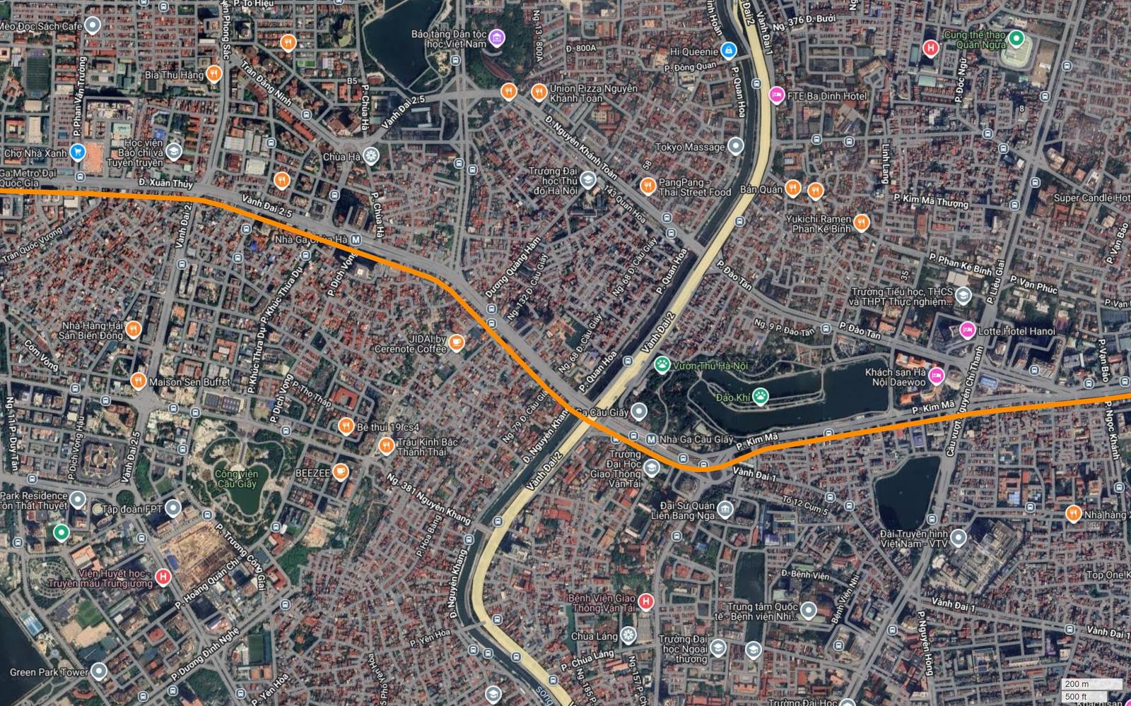 Hành lang metro số 3 Hà Nội vượt sông Tô Lịch và Vành đai 2 tại nút Cầu Giấy rồi chuyển sang trục Kim Mã