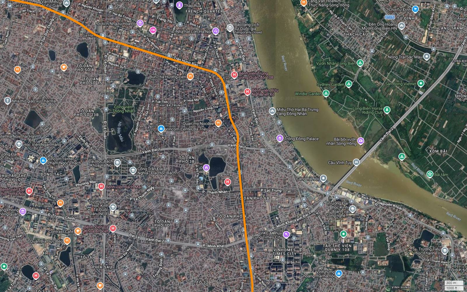 Hành lang metro số 3 Hà Nội đổ xuống nam theo trục Lò Đúc và Kim Ngưu, cắt Vành đai 1 rồi Vành đai 2 tại Minh Khai