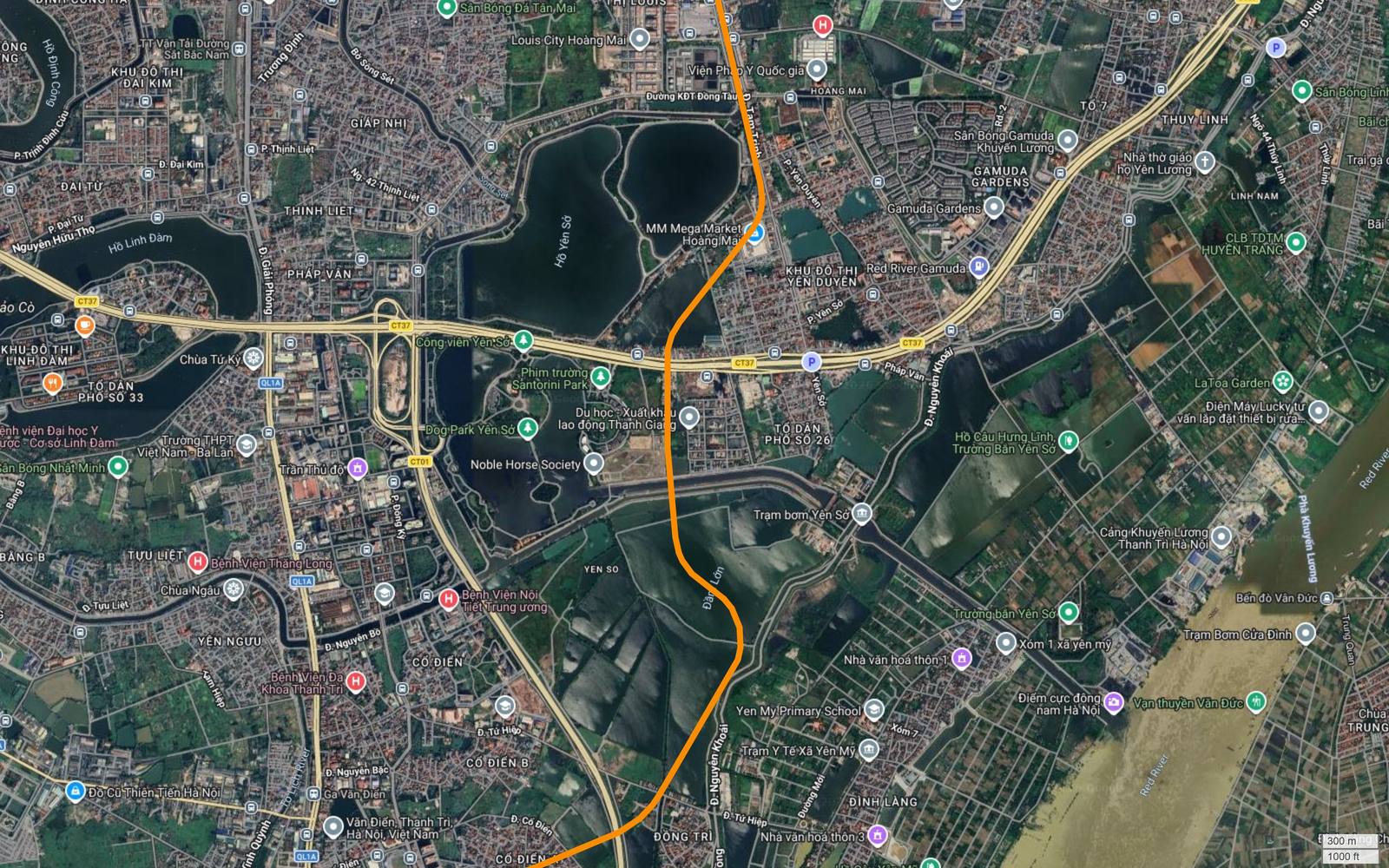 Hành lang metro số 3 Hà Nội uốn theo mép Đầm Lớn Yên Sở, chạy song song đê Hữu Hồng qua vùng bãi Yên Mỹ